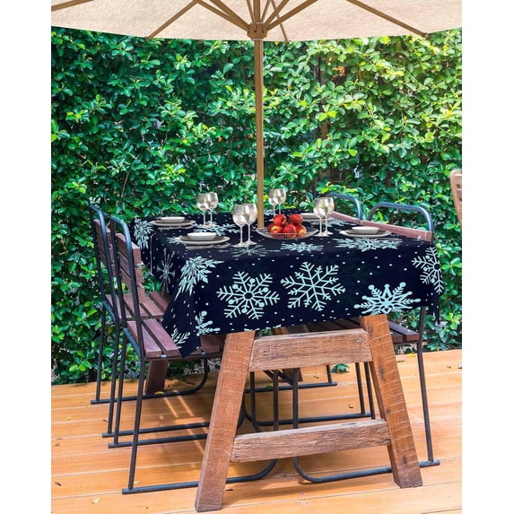 Blue Black Christmas Outdoor Tablecloth - 54x54 Inch Square Dining Table Cover, Xmas Snowflake Winter Waterproof Outdoor Table Cloth with Umbrella Hole & Zipper for Picnic/Patio/Party