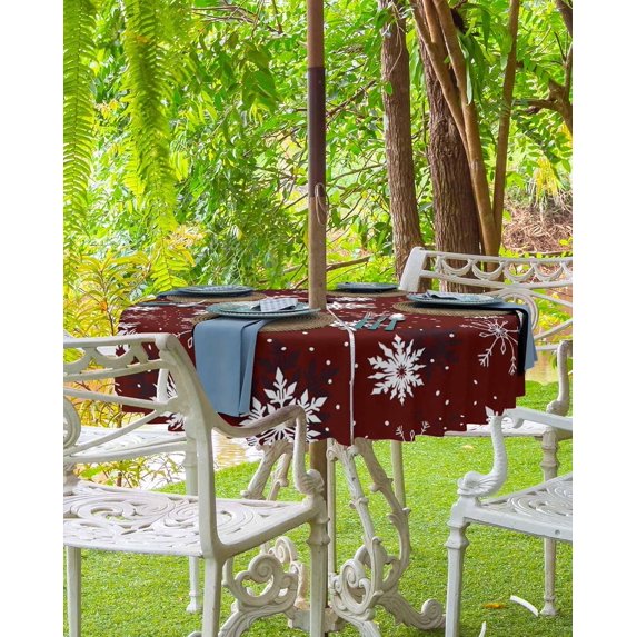 Blue Black Christmas Outdoor Tablecloth - 54x54 Inch Square Dining Table Cover, Xmas Snowflake Winter Waterproof Outdoor Table Cloth with Umbrella Hole & Zipper for Picnic/Patio/Party