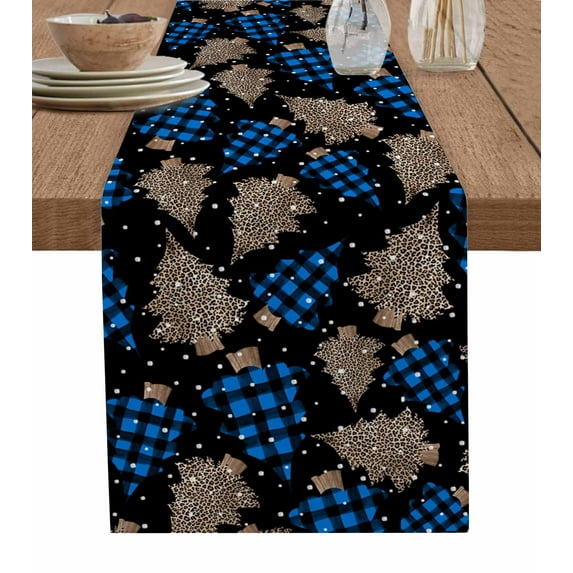 Blue Black Christmas Tree Burlap-Cotton Table Runner 48 Inches Long,Leopard Xmas Tree Snowflake Black Farmhouse Table Runners,Outdoor Dining Tablecloths Decor for Baby Shower Party Wedding 13x48