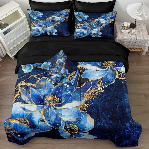 Blue Black Comforter Set 8 Pcs Black Marble Bed in A Bag Blue Gold Floral Print Natural Stone Marble Bedding Super Soft Cozy Abstract Comforter with Sheet Set