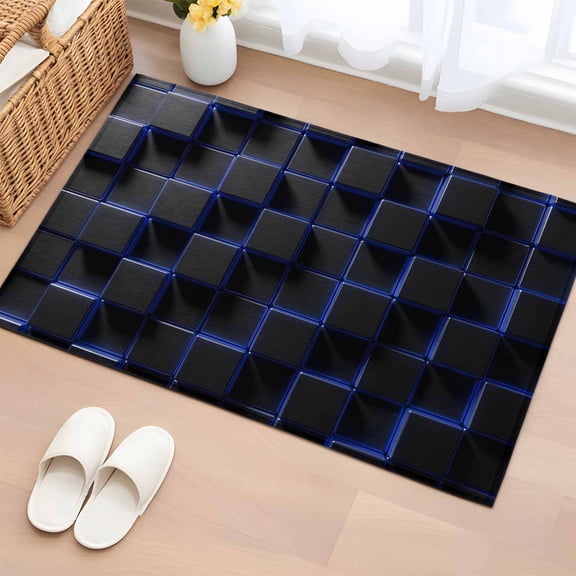 Blue Black Cubes 2'x3' Washable Rug, Modern Geometric Abstract Art Non-Slip Soft Doormat Area Rugs for Entrance Bathroom Bedsides, StainResistant Carpet for Kitchen Bedroom, Entryway Floor Mat