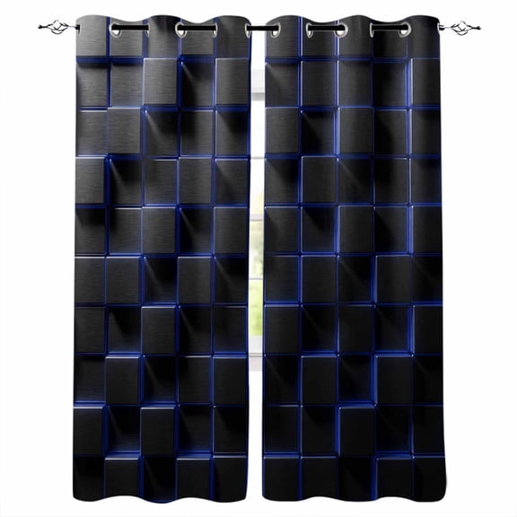Blue Black Cubes Blackout Curtains for Bedroom/Living Room, Thermal Insulated Kitchen Curtains, Modern Geometric Abstract Art Grommet Darkening Window Treatment Drapes 42"x63"x2