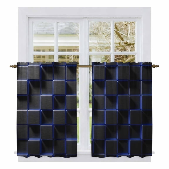 Blue Black Cubes Kitchen Curtains 45 Inch Length, Modern Geometric Abstract Art Tiers Curtains for Bathroom Bedroom Cafe, Light Filtering Small Window Treatment Short Tiered Drapes 2 Panels 42"Wx45"L