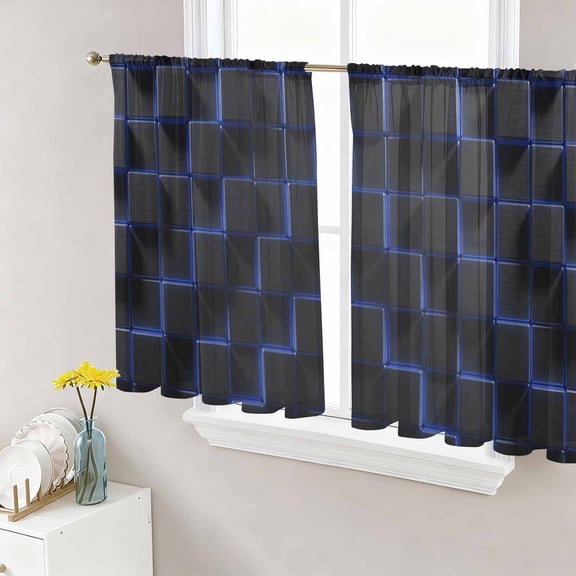 Blue Black Cubes Sheer Curtains 54 Inch Length 2 Panels Set, Modern Geometric Abstract Art Voile Window Treatment Rod Pocket Short Kitchen Curtains Drapes for Bedroom 52"x54"x2