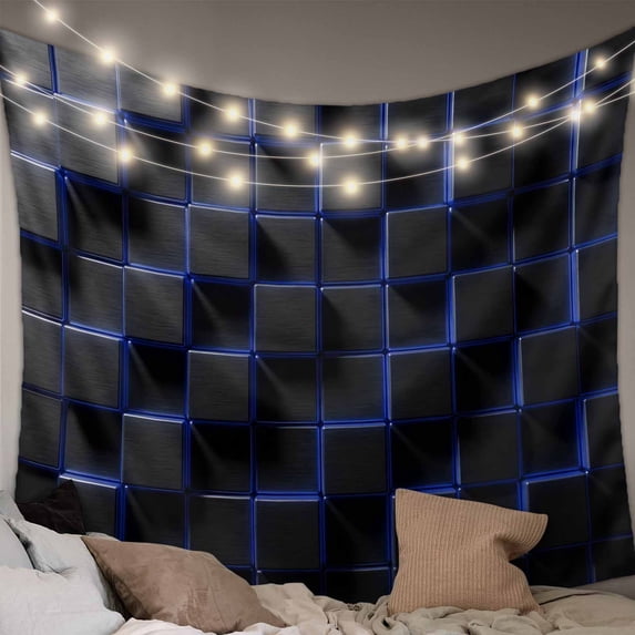 Blue Black Cubes Tapestry for Bedroom Wall Hanging Tapestry, Modern Geometric Abstract Art Ceiling Backdrop Tapestries Poster Blanket Wall Decor for Teens Room Living Room Dorm 51" x 59"