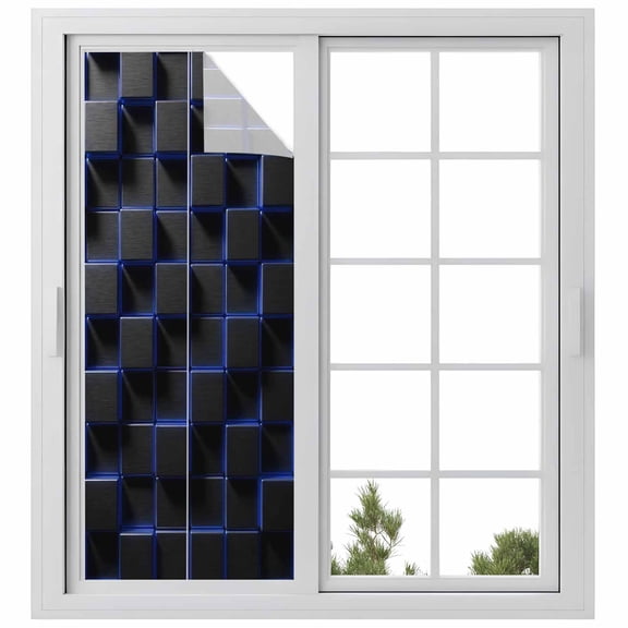 Blue Black Cubes Window Privacy Film, Modern Geometric Abstract Art Static Cling UV Sun Blocking Heat Control Window Tint Day and Night, Non-Adhesive One Way Windows Privacy Cover 23.6''x59''