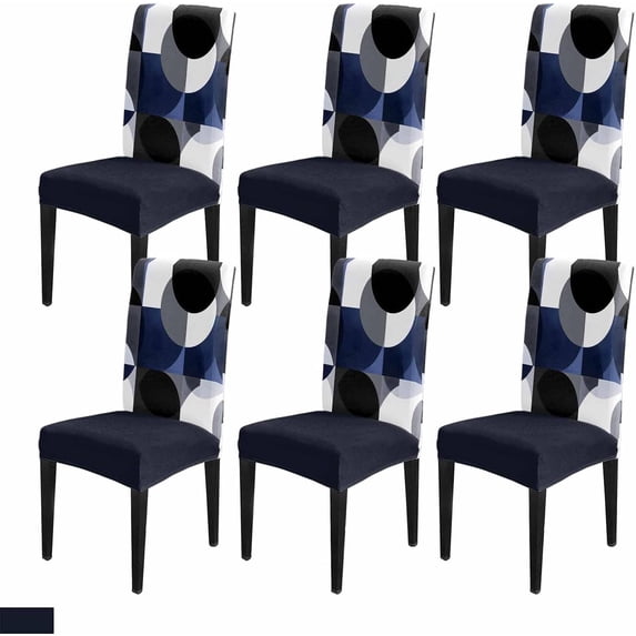 Blue Black Dining Chair Cover Set of 6,Boho White Modern Geometric Abstract Circle Stretch Chair Protectors Slipcover,Spandex Kitchen Chair Seat Back Cushion Slip Cover for Dining Room,Party,Hotel
