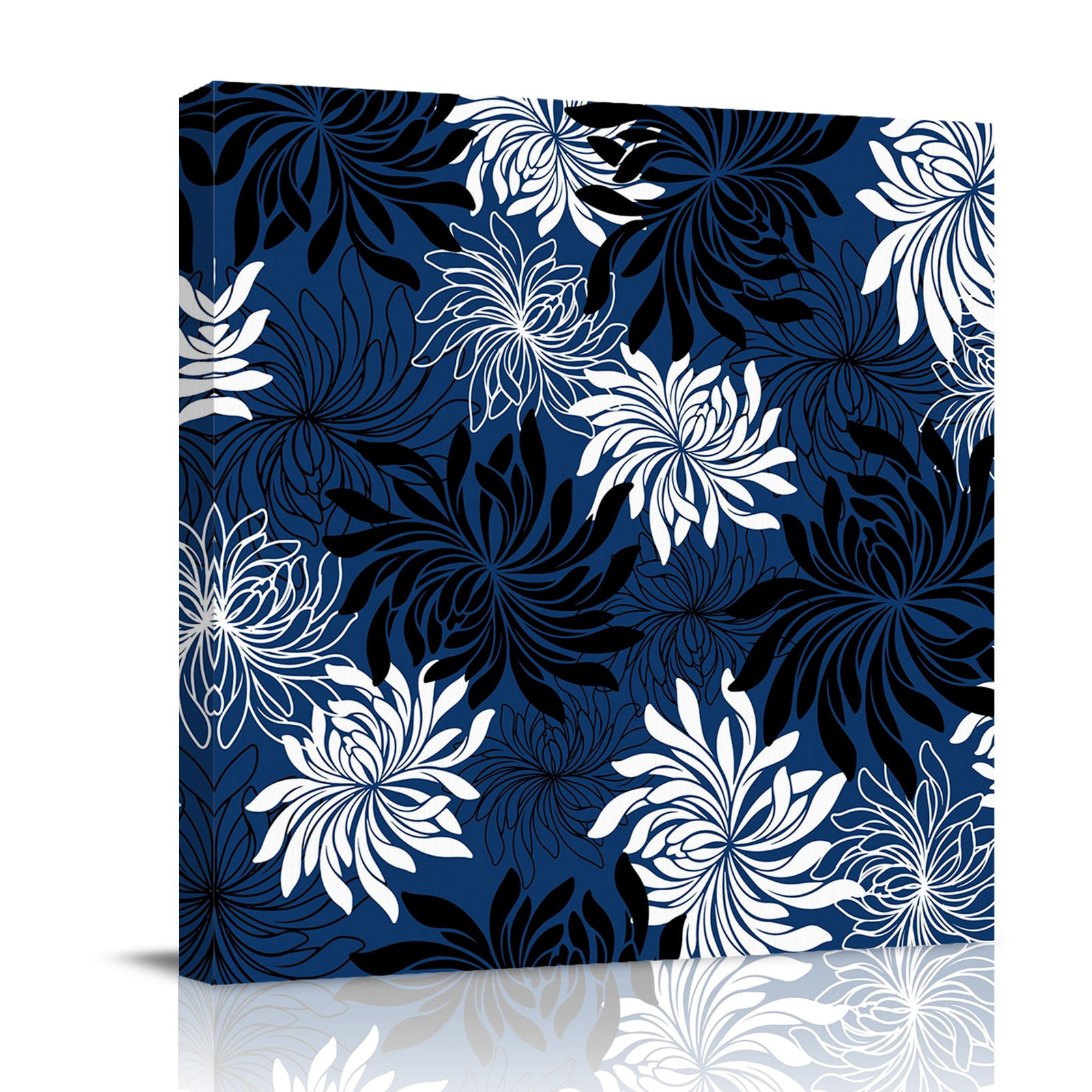 Blue Black Floral Canvas Wall Art for Living Room, Vintage Blue White ...