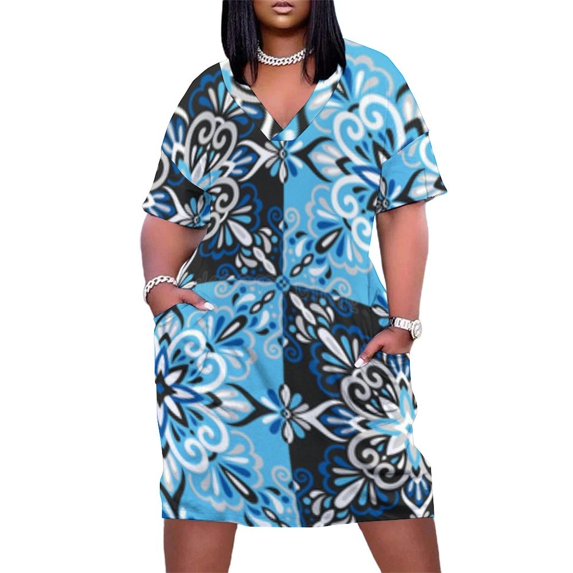 Blue Black Floral Patterned Textile Summer Sundress for Curve Women Casual Pattern Plus Size V Neck Short Sleeve Loose Fit Oversize Dresses