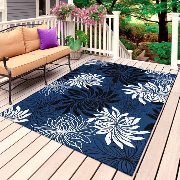 Blue Black Flowers Outdoor Rug 5x7 Ft, Non Slip Washable Area Rug, Modern Abstract Blooms Floral Patio Rugs Carpet Runner, Large Floor Mat for Indoor/Outdoor Deck Porch Camping