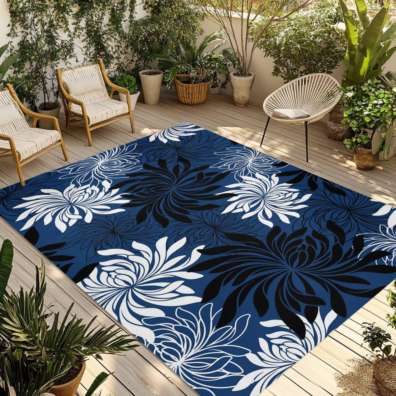 Blue Black Flowers Outdoor Rug for Patio/Deck/Porch, Non-Slip Large Area Rug 5 x 7 Ft, Modern Abstract Blooms Floral Indoor Outdoor Rugs Washable Area Rugs, Reversible Camping Rug Carpet Runner