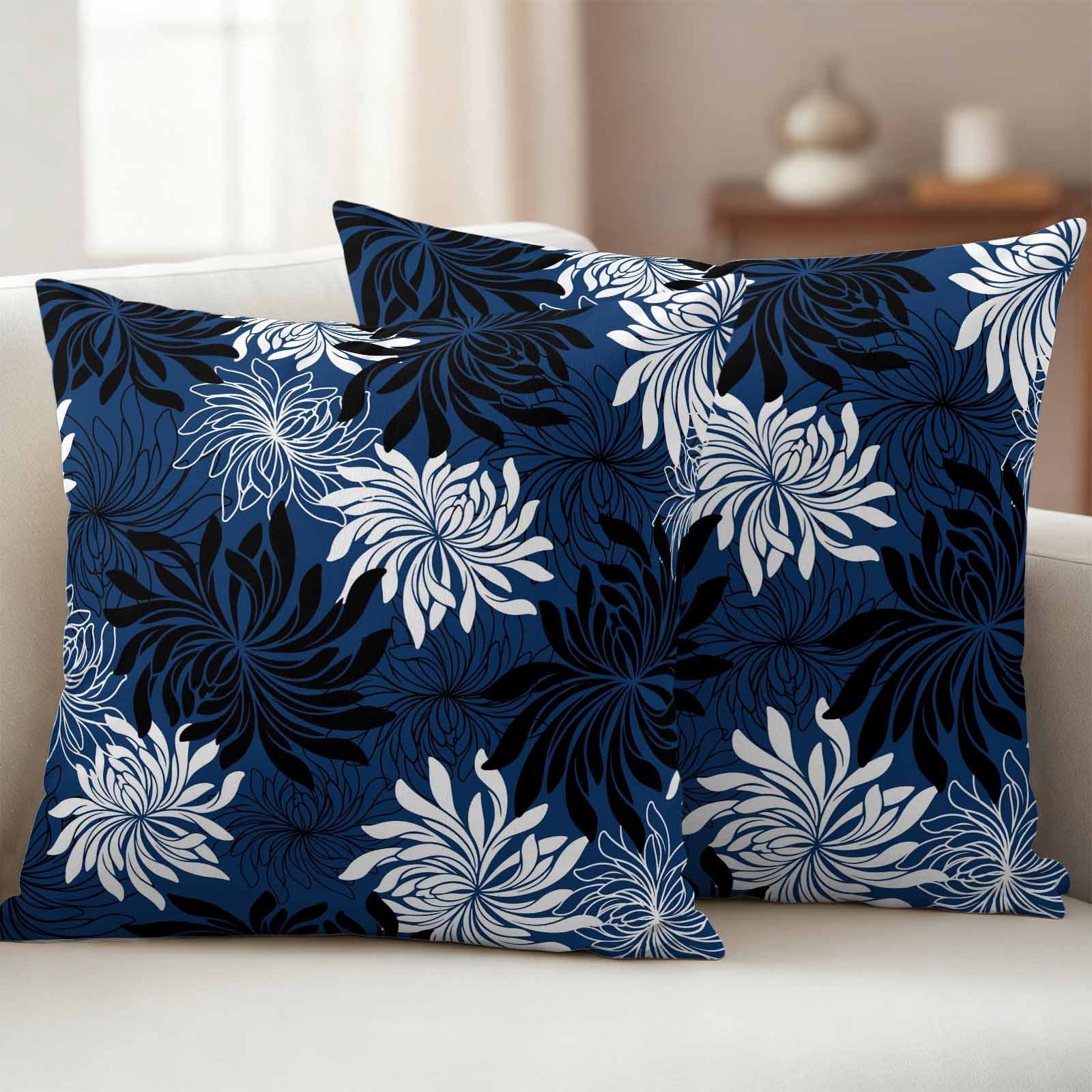 Blue Black Flowers Outdoor Waterproof Throw Pillow Covers 20x20 Set of 2, Modern Abstract Blooms Floral Decorative Pillowcases Cushion Pillowcase for Couch Sofa Patio Outside Pillow Protector