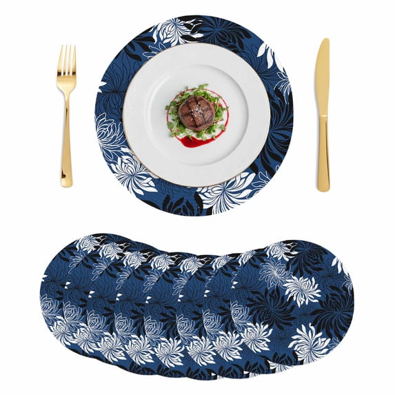 Blue Black Flowers Round 13 Inch Placemats Set of 8, Modern Abstract Blooms Floral HeatResistant Non Slip Place Mats for Dining Table, Wipeable Braided Kitchen Table Mats for Housewarming
