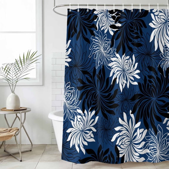 Blue Black Flowers Shower Curtain Set, Waterproof Shower Curtains for Bathroom, Modern Abstract Blooms Floral Washable Fabric Cloth Bath Curtain for Bathtub Decoration with Hooks 48x72 Inches