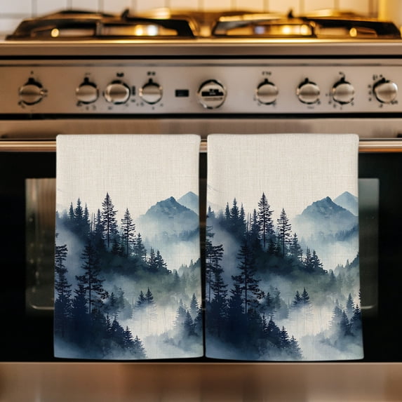 Blue Black Foggy Forest Kitchen Towels Set of 4, Abstract Art Mountain Absorbent Dish Towels for Kitchen, Microfiber Hand Towel, Quick Drying Tea Towel for Cleaning Decorative Dishcloths