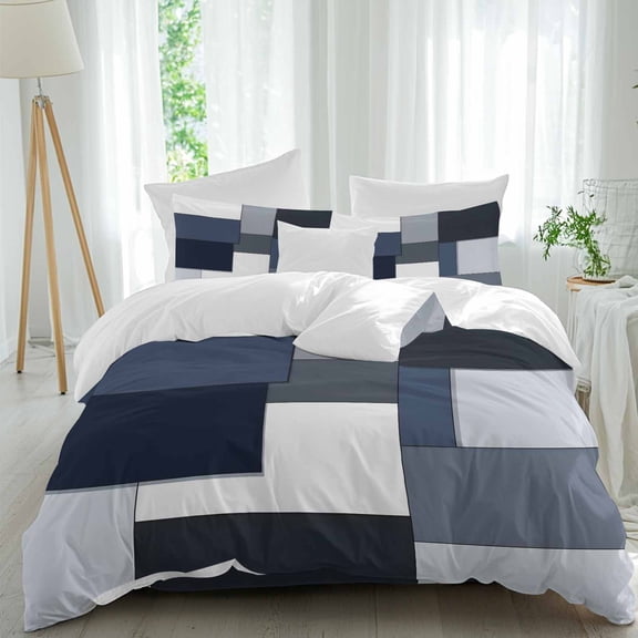 Blue Black Geometric 4 Piece Duvet Cover Set Queen Size Abstract Patchwork Soft Bedding Set Comforter Cover, 1 Duvet Cover 1 Flat Sheets and 2 Pillowcases