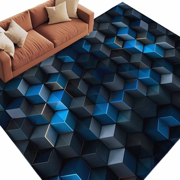 Blue Black Geometric Area Rug 8x10 Washable Rug Non Slip Modern Abstract Cube Textured Large Area Rug Soft Stainresistant Indoor Floor Carpet for Living Room Bedroom Home Office Dining Room Nursery