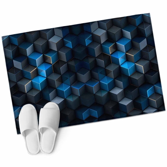 Blue Black Geometric Bathroom Rug Washable 2x3 Entryway Rug Non Slip Modern Abstract Cube Textured Front Door Mat Low Pile Indoor Doormat Throw Floor Carpet for Kitchen Bedroom Entrance