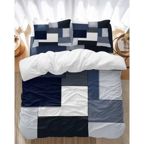 Blue Black Geometric Bedding Duvet Cover Set Queen Size 4 Pieces Abstract Patchwork Modern Art Bedding Set with Zipper Closure, 1 Comforter Cover 90x90 Inches 1 Flat Sheet & 2 Pillow Cases