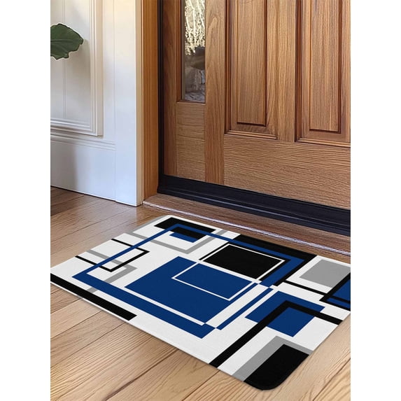 Blue Black Geometric Door Mat Indoor Outdoor Entrance, Non Slip Rug for Kitchen Bathroom Entryway Rug, Modern Minimalist Abstract Stripes Washable Doormat Floor Mat for Office 20x31.5 Inch