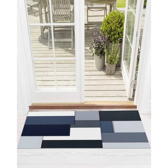 Blue Black Geometric Front Door Mat Abstract Patchwork Modern Art Welcome Doormat Indoor Outdoor Entrance Floor Mat Non-Slip Washable Runner Rug for Front Porch Decor 18x60 Inch