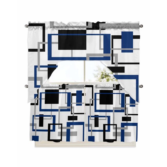 Blue Black Geometric Kitchen Curtains Swag Valance and Tier Curtains Set 24 Inch Length, Modern Minimalist Stripes Aesthetic Rod Pocket Drape Panels Pair Swag Curtains for Bathroom/Cafe/Window