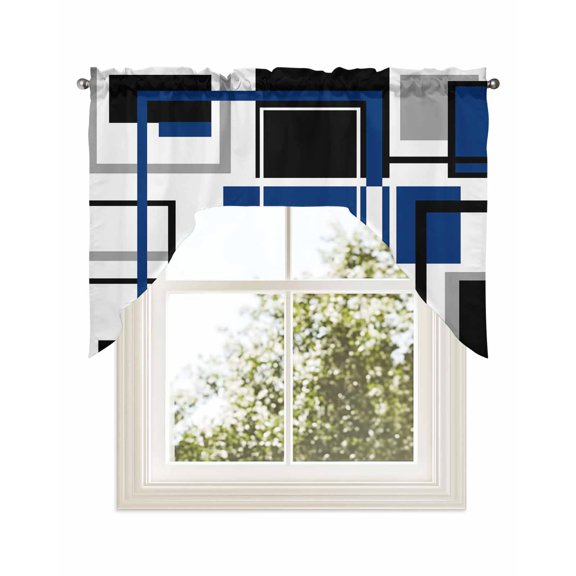 Blue Black Geometric Kitchen Curtains Swag Valance for Windows/Bathroom/Cafe, Modern Minimalist Abstract Stripes Rod Pocket Drape Panel Swag Curtains Valance for Bedroom/Living Room 56"x36"