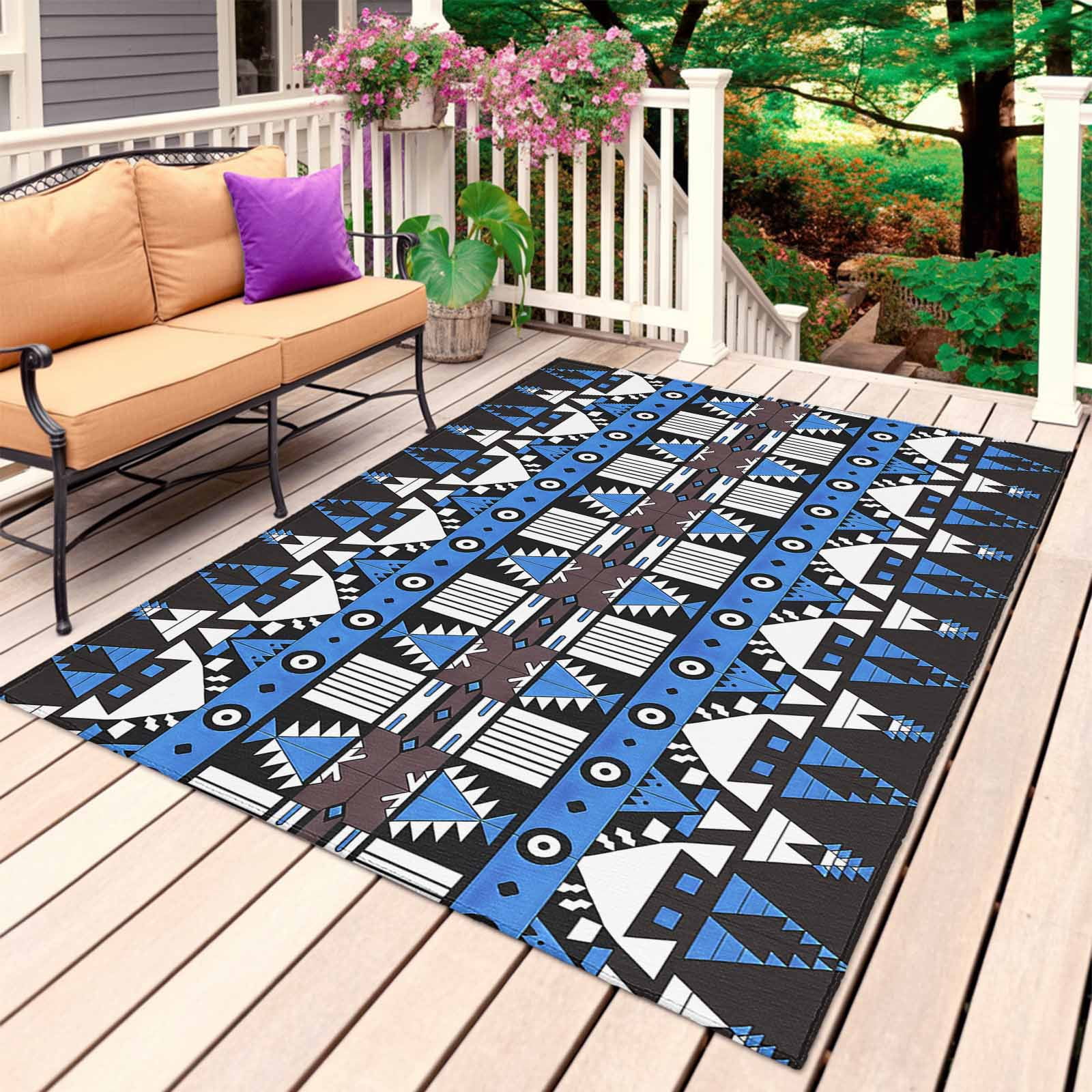 Blue Black Geometric Outdoor Rug for Patio/Deck/Porch, Non-Slip Large ...