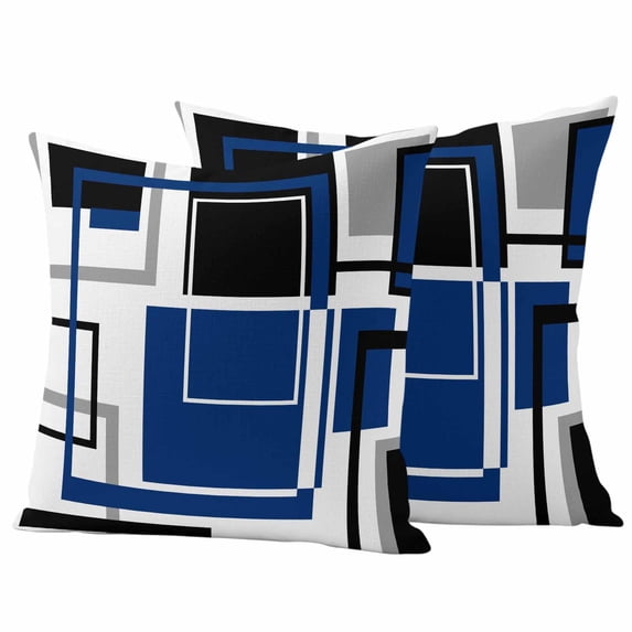 Blue Black Geometric Outdoor Waterproof Pillow Covers, Modern Minimalist Abstract Stripes Decorative Square Throw Pillowcase Sofa Cushion Sham for Patio/Couch/Chair, 24"x24" 2 Pack