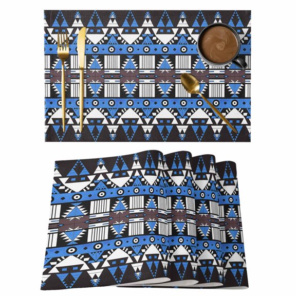 Blue Black Geometric Placemats Set of 12 Modern Aztec Abstract Pattern Place Mats Indoor Wipeable Table Mats Washable Cloth Dining Table Placemats for Kitchen Holiday Party Home Decor 13x19 Inch