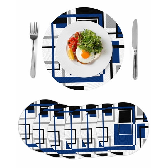 Blue Black Geometric Round Placemats Set of 6 for Dinning Tables,Heat-proof Braided Table Mats 13 Inch,Modern Minimalist Abstract Stripes Washable Place Mat for Kitchen Restaurant Party Table Decor