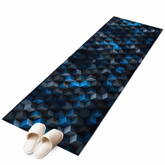 Blue Black Geometric Runner Rug 2x6 Washable Kitchen Rug Non-Slip Lightweight Thin Soft Low Pile Bathroom Runner Modern Abstract Cube Textured Carpet for Hallway Laundry Room Bedroom Entryway
