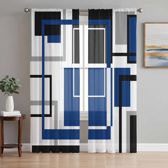 Blue Black Geometric Sheer Curtains 63 Inch Length 2 Panels Set, Modern Minimalist Abstract Stripes Voile Window Treatment Rod Pocket Curtains Sheers Drapes for Bedroom/Living Room/Kitchen 52x"63"x2