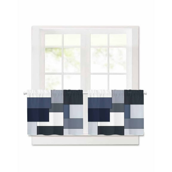 Blue Black Geometric Short Blackout Curtains 24 Inch Long Abstract Patchwork Modern Art Rod Pocket Kitchen Curtains, 2 Panels Thermal Insulated Room Darkening Drapes for Bedroom, 30"W x 24"L