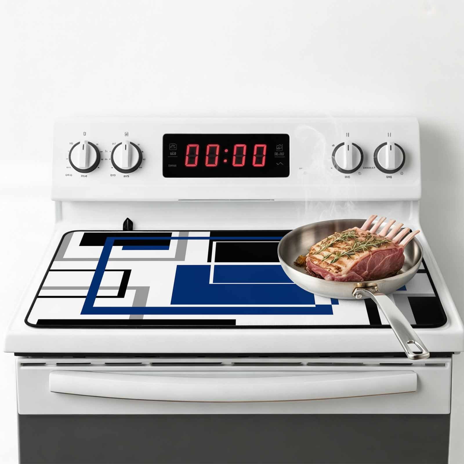 Blue Black Geometric Stove Top Cover for Electric Stove, Heat-proof & Non Slip Glass Top Stove Cover Protector, Modern Minimalist Abstract Stripes Kitchen Flat Cooktop Rubber Mat 24x21 Inches