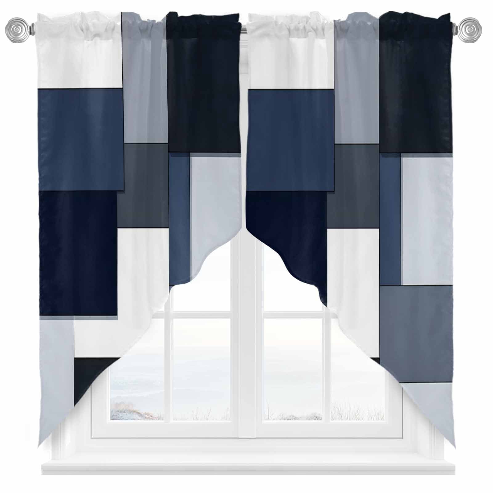 Patchwork Swags Blue Black Geometric Swag Curtain Valance for Windows, Abstract ...
