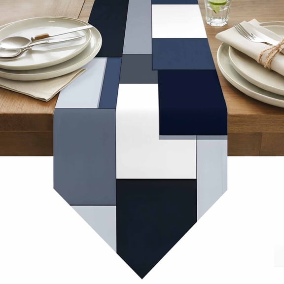Blue Black Geometric Table Runner 36 Inches Long Abstract Patchwork Modern Art Table Runners for Dining Room Tabletop Dresser Scarf Home Party Banquet Wedding Holiday Decoration