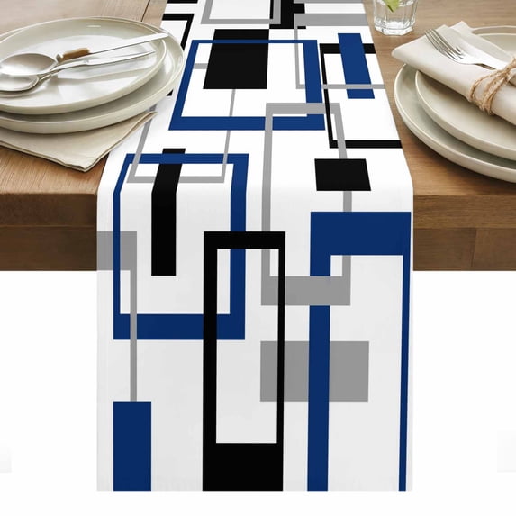 Blue Black Geometric Table Runner - 72 Inch Long, Kitchen Dining Table Runner Dresser Scarves, Modern Minimalist Stripes Aesthetic Farmhouse Decor for Coffee Tables Wedding Party Banquet