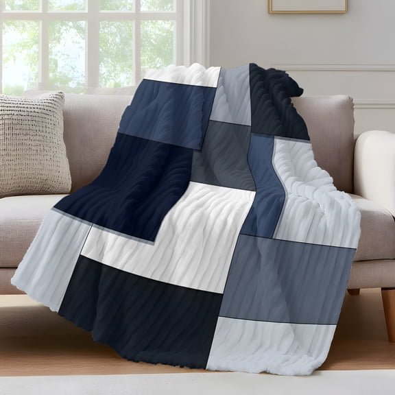 Blue Black Geometric Throw Blanket for Couch Abstract Patchwork Modern Art Soft and Warm Flannel 3D Striped Fluffy Fuzzy Fleece Blanket Lightweight Throw for Bed, Sofa 40 x 50 Inches