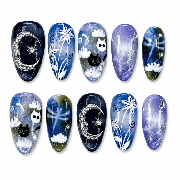 Blue Black Ghost Cat Press on Nails, Medium Almond Cat Eye False Nails with Moon Star Accent, 30 Count