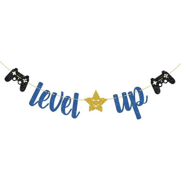 Blue & Black Glitter Level Up Banner with Game Controller & Pixel Star Cutouts, Video Game Theme Birthday Party Decor