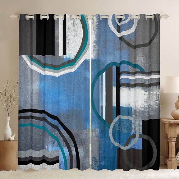 Blue Black Gray 30%-50% Blackout Curtains,Ombre Watercolor Geometry Curtains,Geometric Stripe Circles Window Curtains & Drapes,Oil Painting Window Treatments,Modern Artwork Darkening Curtains 42"X63"