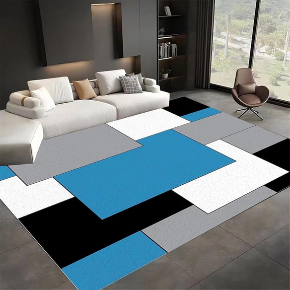 Blue Black Gray Geometric Area Rug, Abstract Color Block Pattern Carpet, Washable Non Slip Low Pile Soft Thin, Living Room Bedroom Entryway Study Office Home Decor Mat 2x3ft(Small)