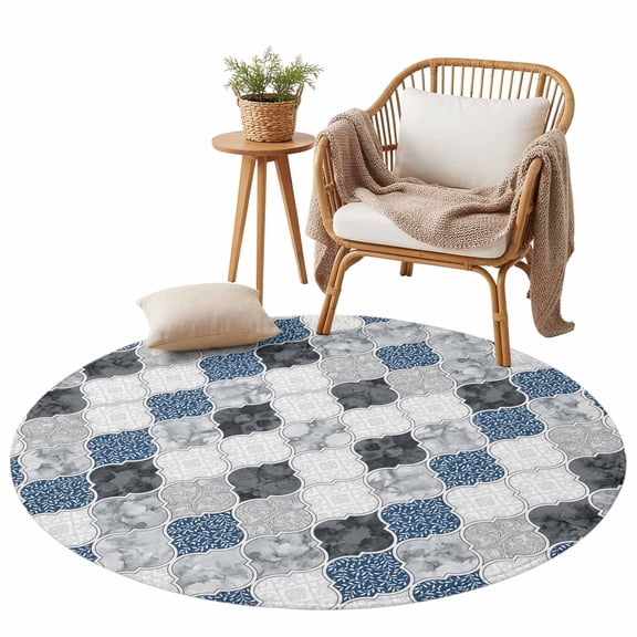 Blue Black Gray Moroccan Pattern Area Rug for Bedroom Living Room Rug 3ft, Soft Sponge Cushioned Non-Slip Washable Round Rugs, Quatrefoil Medallion Round Rugs for Dining Room Office Nursery Home