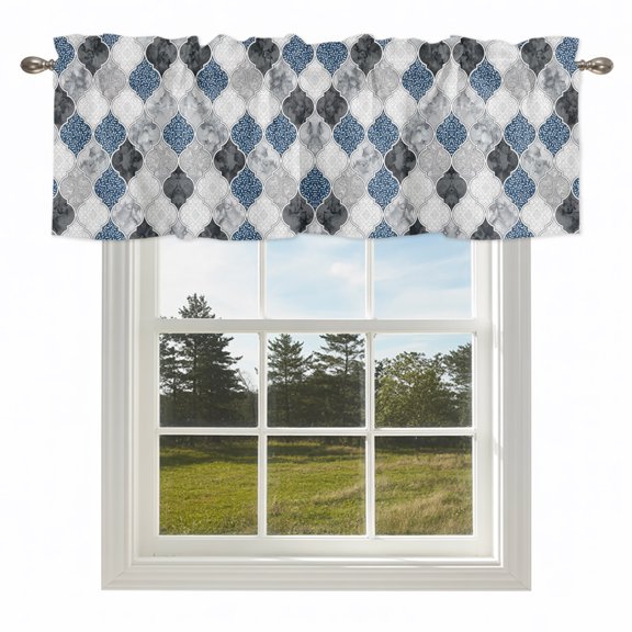 Blue Black Gray Moroccan Pattern Valances for Windows Quatrefoil Medallion Rod Pocket Curtain Valance Window Treatment Short Curtains for Kitchen Living Room,42x12in
