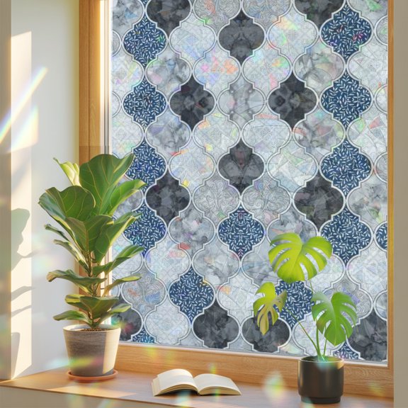 Blue Black Gray Moroccan Pattern Window Privacy Film, Rainbow Film Decorative Window Sticker 17.7x39.3in, Quatrefoil Medallion Sun Blocking Static Stained Glass Cling Tint Non-Adhesive