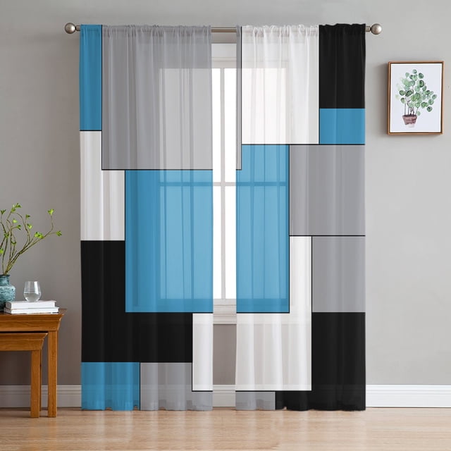 Blue Black Gray Mosaic Abstract Art Tulle Voile Curtains For Bedroom