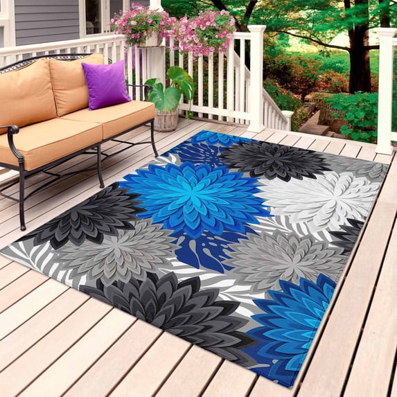 Blue Black Grey Flowers Outdoor Rug for Patio/Deck/Porch, Non-Slip Large Area Rug 6 x 9 Ft, Boho Colorful Floral Plant Indoor Outdoor Rugs Washable Area Rugs, Reversible Camping Rug Carpet Runner