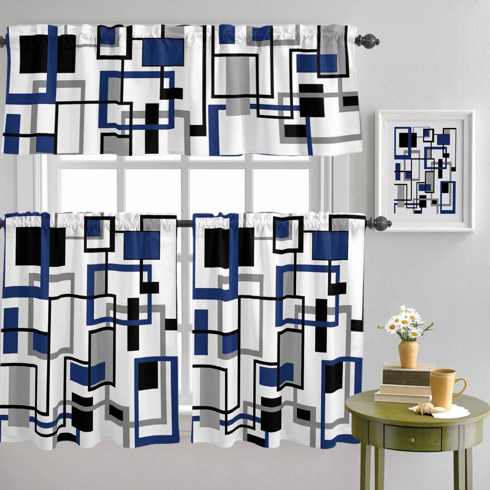 Rectangular Curtains Blue Black Grey Geometric Rectangle Curtain Tier and Valance Set 3 ...