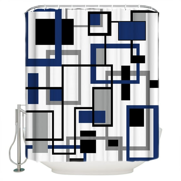 Blue Black Grey Geometric Rectangle Shower Curtain for Bathroom, Mid Century Nordic Color Art Waterproof Shower Curtains Washable Quick Dry with Hooks Bathtub Curtains 36x72 IN